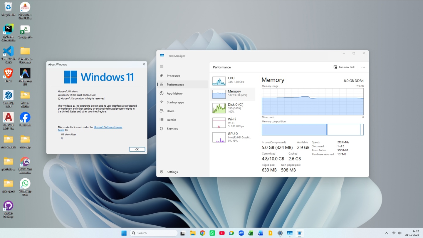 Windows 11 25H2 uses around 5GB RAM after a restart on an 8GB RAM PC
