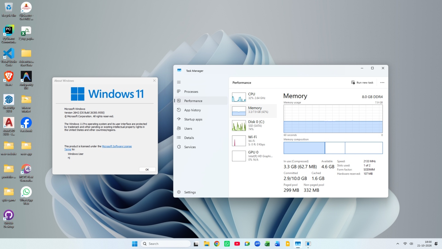 Windows 11 26H2 uses around 3.3GB RAM after a restart on an 8GB RAM PC